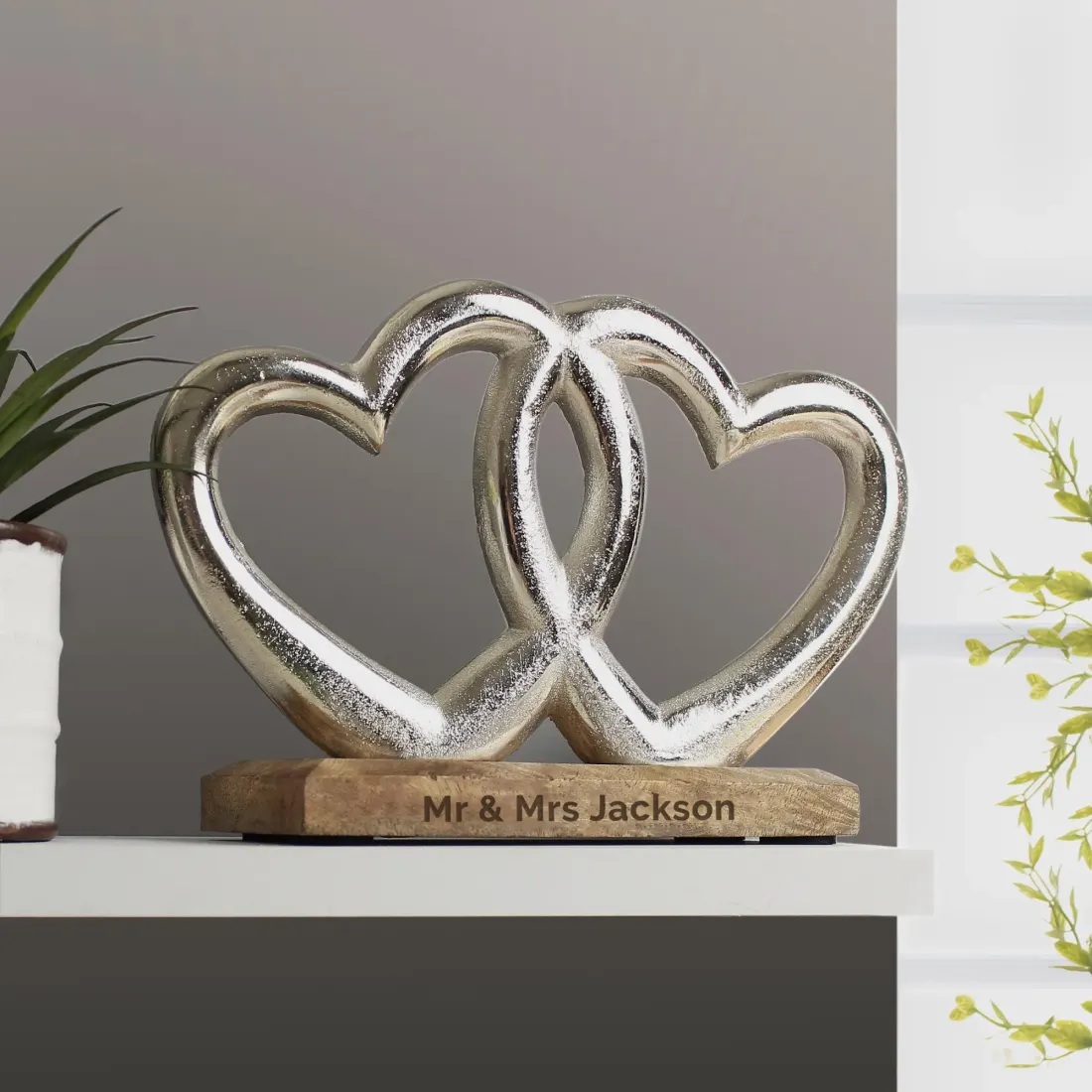 Intertwined Hearts Ornament, Silver Finish, Custom Engraved Wood Base Keepsake — photo 3