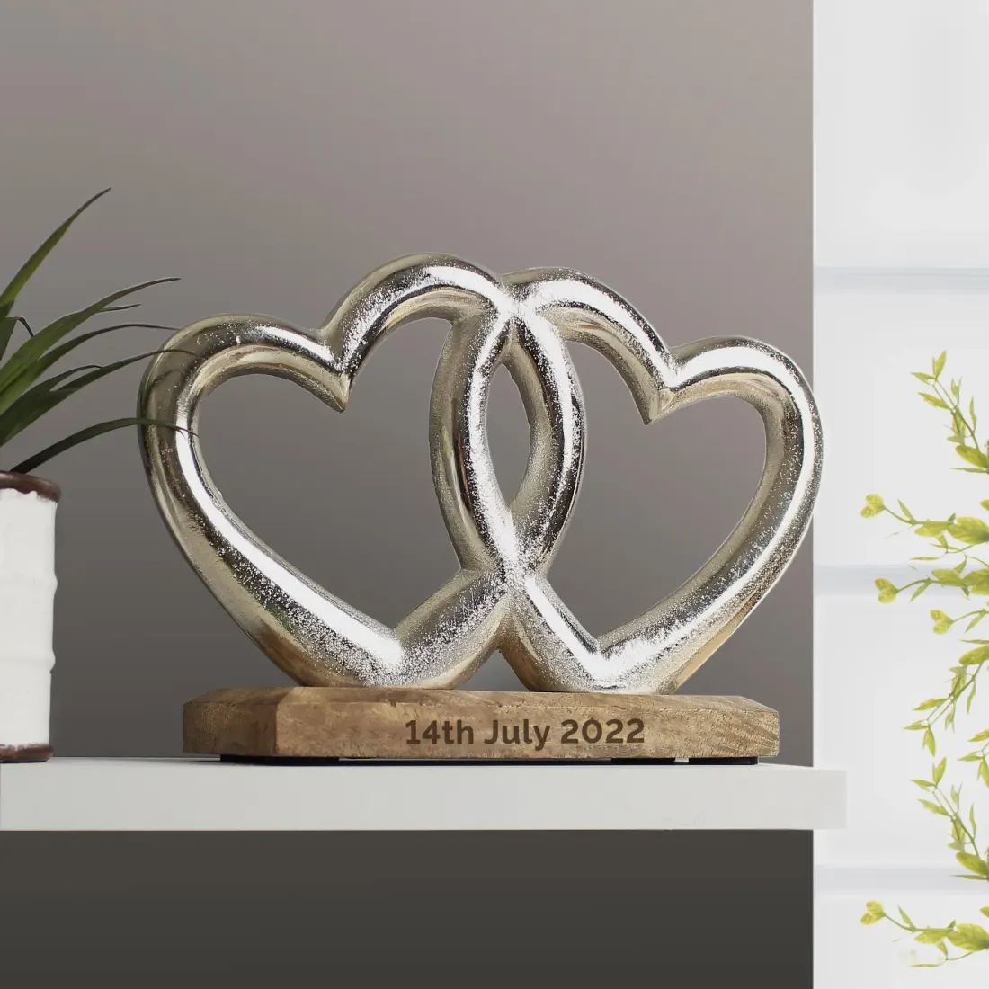 Intertwined Hearts Ornament, Silver Finish, Custom Engraved Wood Base Keepsake — photo 4