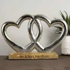 Intertwined Hearts Ornament, Silver Finish, Custom Engraved Wood Base Keepsake thumbnail 5