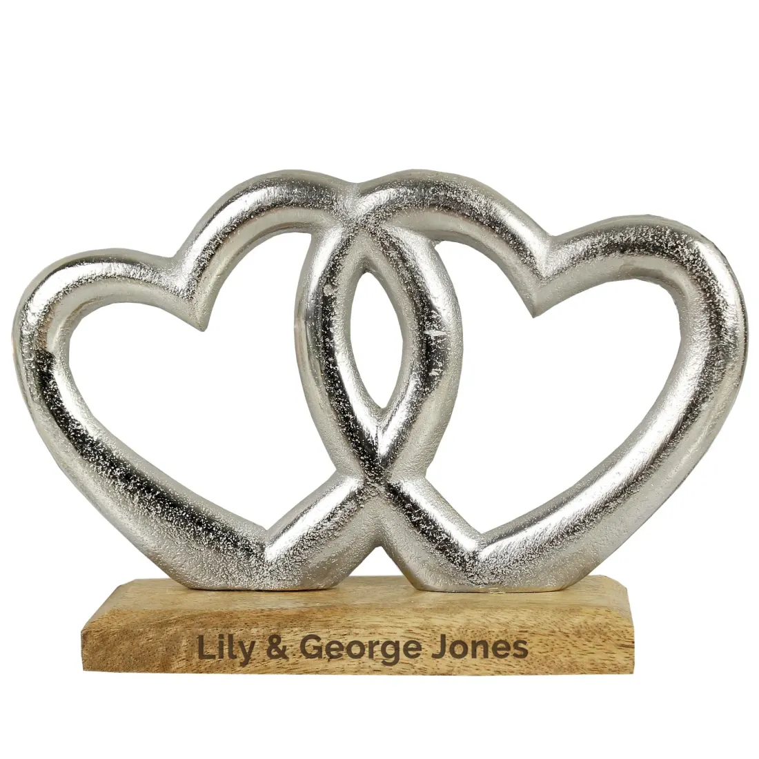Intertwined Hearts Ornament, Silver Finish, Custom Engraved Wood Base Keepsake — photo 6
