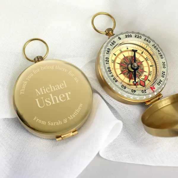 Personalised Engraved Brass Pocket Compass, Wedding Usher Groomsman Gift