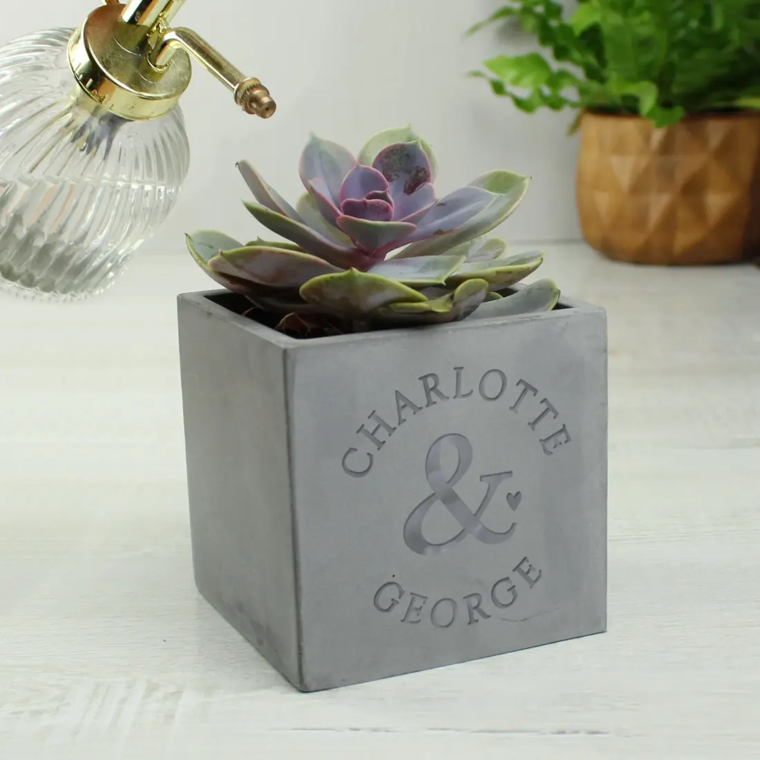 Custom Couples Plant Pot, Engraved Concrete Cactus Planter, Personalised Wedding Anniversary Gift