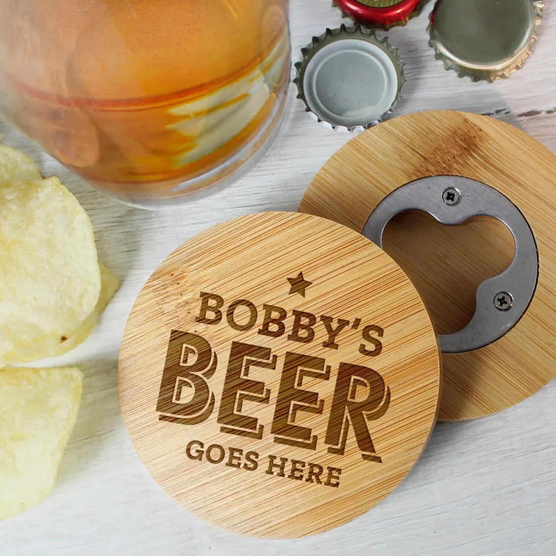 Custom Bamboo Bottle Opener Coaster, Engraved Bar Gift, Eco Friendly Drinks Accessory