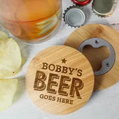 Custom Bamboo Bottle Opener Coaster, Engraved Bar Gift, Eco Friendly Drinks Accessory thumbnail 1