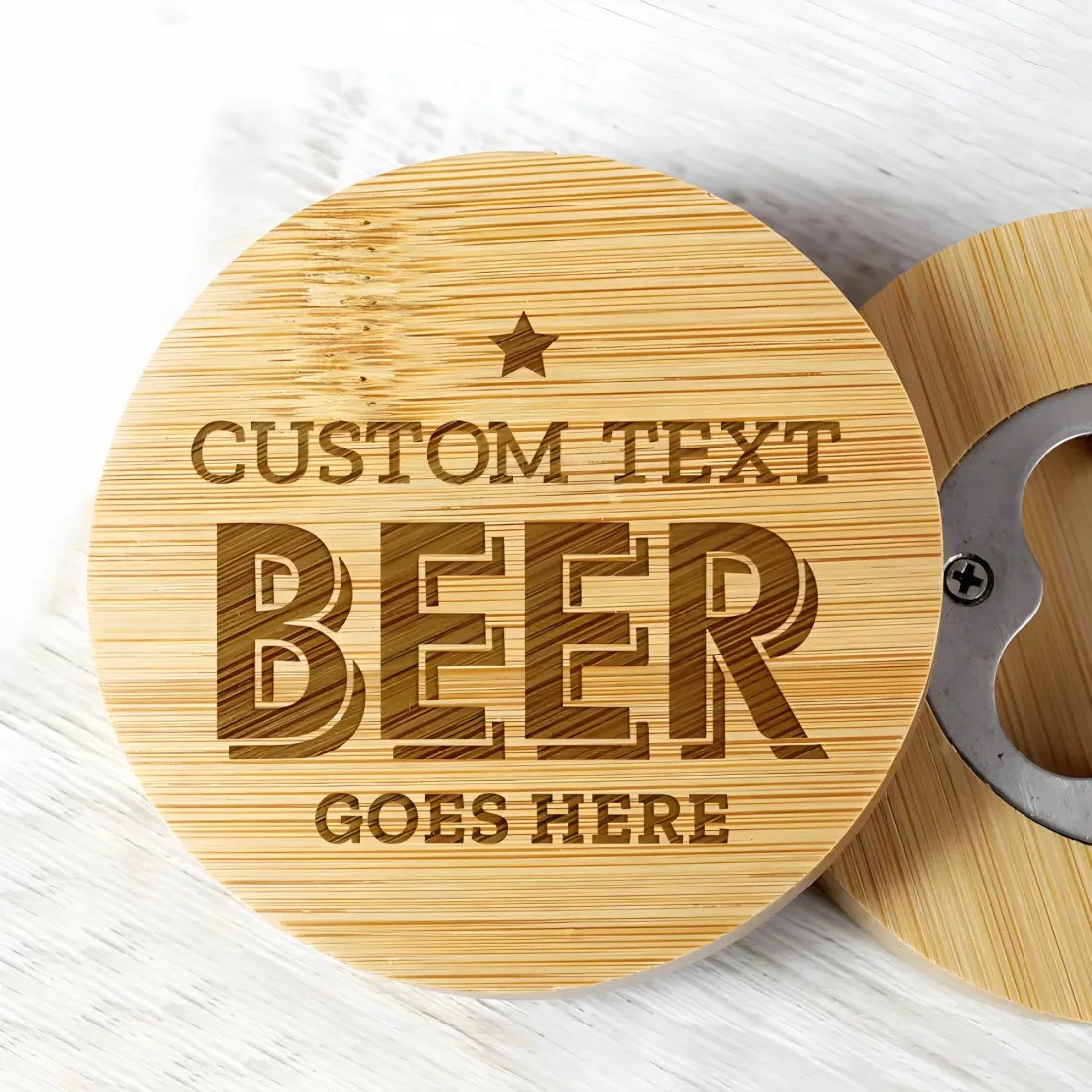 Custom Bamboo Bottle Opener Coaster, Engraved Bar Gift, Eco Friendly Drinks Accessory — photo 2