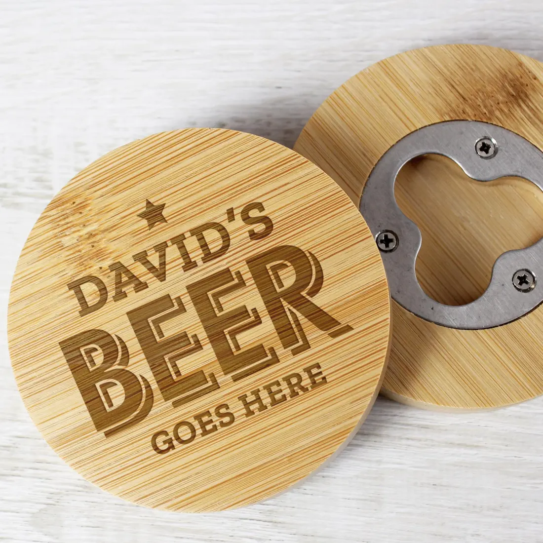 Custom Bamboo Bottle Opener Coaster, Engraved Bar Gift, Eco Friendly Drinks Accessory — photo 3