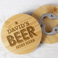 Custom Bamboo Bottle Opener Coaster, Engraved Bar Gift, Eco Friendly Drinks Accessory thumbnail 3