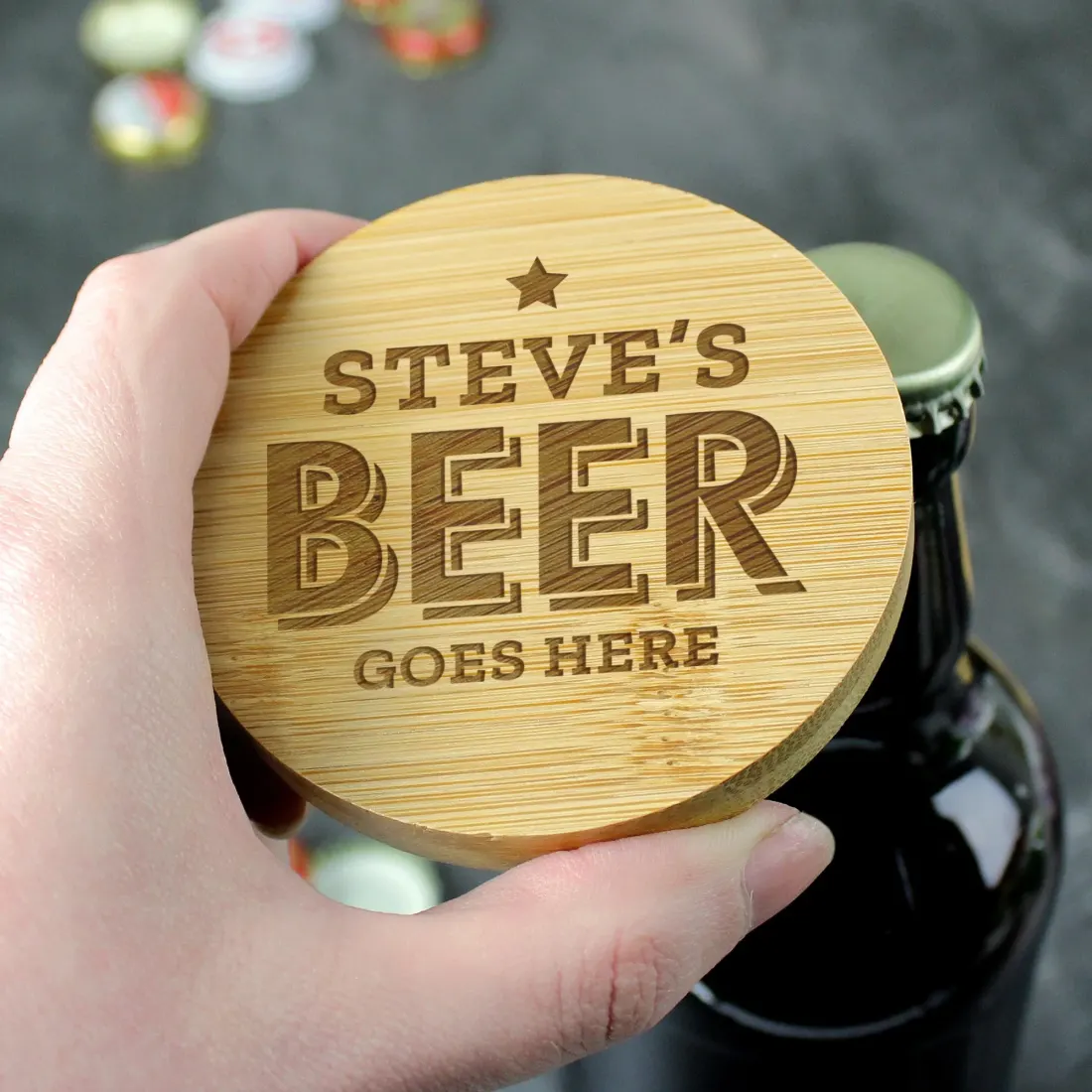 Custom Bamboo Bottle Opener Coaster, Engraved Bar Gift, Eco Friendly Drinks Accessory — photo 4
