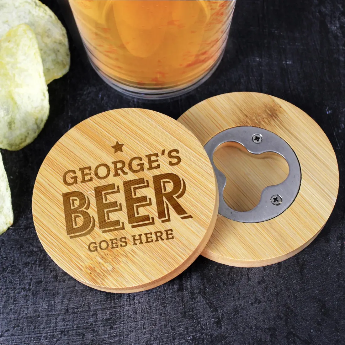 Custom Bamboo Bottle Opener Coaster, Engraved Bar Gift, Eco Friendly Drinks Accessory — photo 5