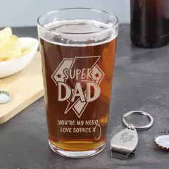 Personalised Super Dad Pint Glass and Bottle Opener Set, Engraved Beer Gift thumbnail 1