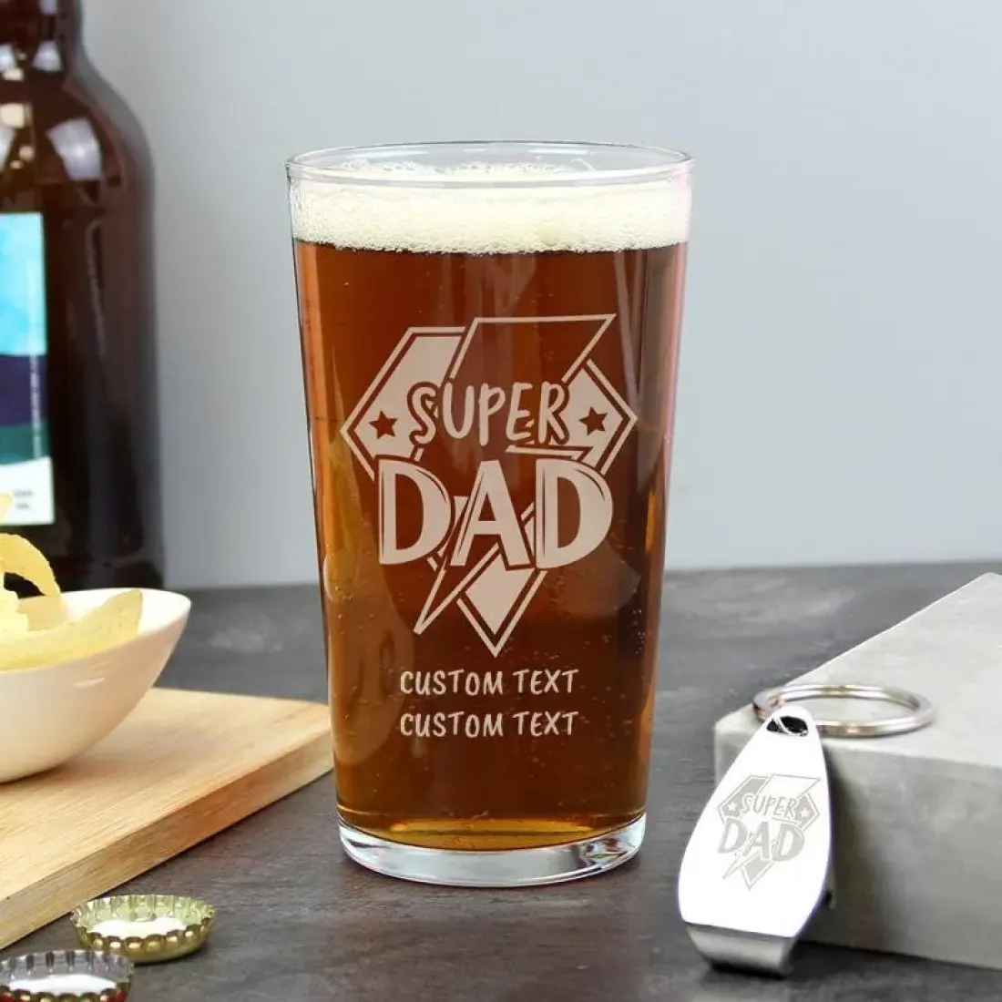 Personalised Super Dad Pint Glass and Bottle Opener Set, Engraved Beer Gift — photo 3