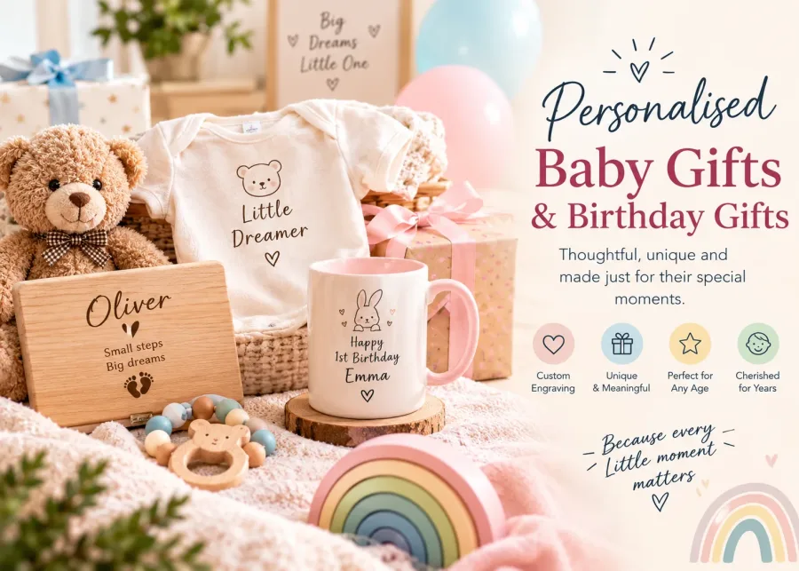 Personalised baby and birthday gifts including an embroidered baby bodysuit, engraved wooden keepsake, custom birthday mug, teddy bear and gift boxes