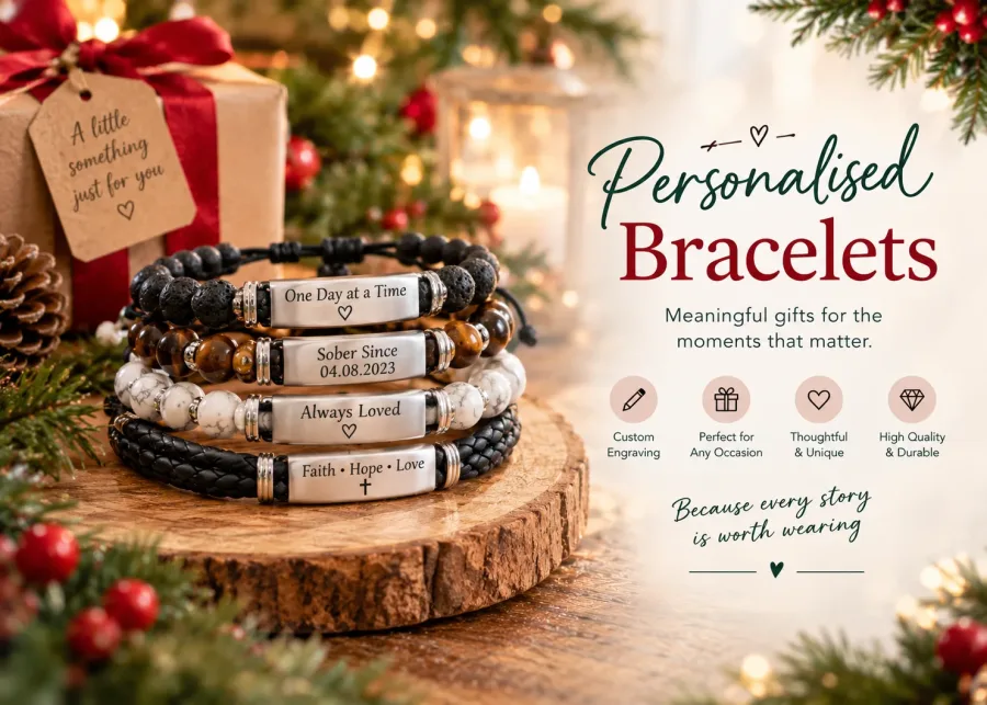 Personalised bracelets with custom engraved messages, meaningful dates and inspirational words, styled with festive greenery and gift packaging