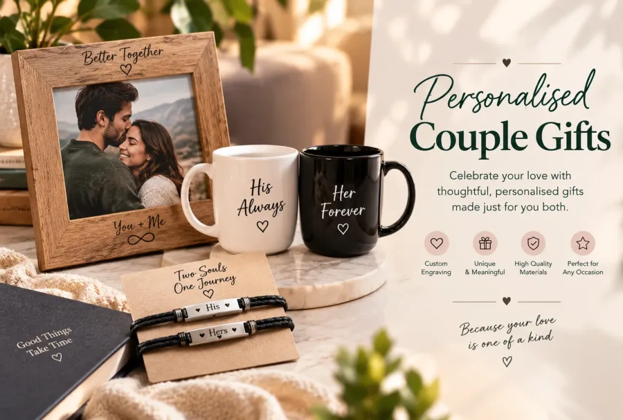 Personalised couple gifts featuring matching mugs, engraved His and Hers bracelets and a wooden photo frame celebrating love